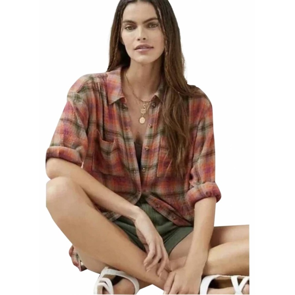 Anthropologie plaid button down shirt Pilcro, relaxed fit rust Maeve - Picture 6 of 7